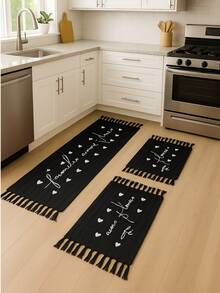 Kitchen Set Geometric Runner Rug Kit 3 Pieces Excellent Quality Thick Fabric Knot Weave - 黑色 - 查看 1