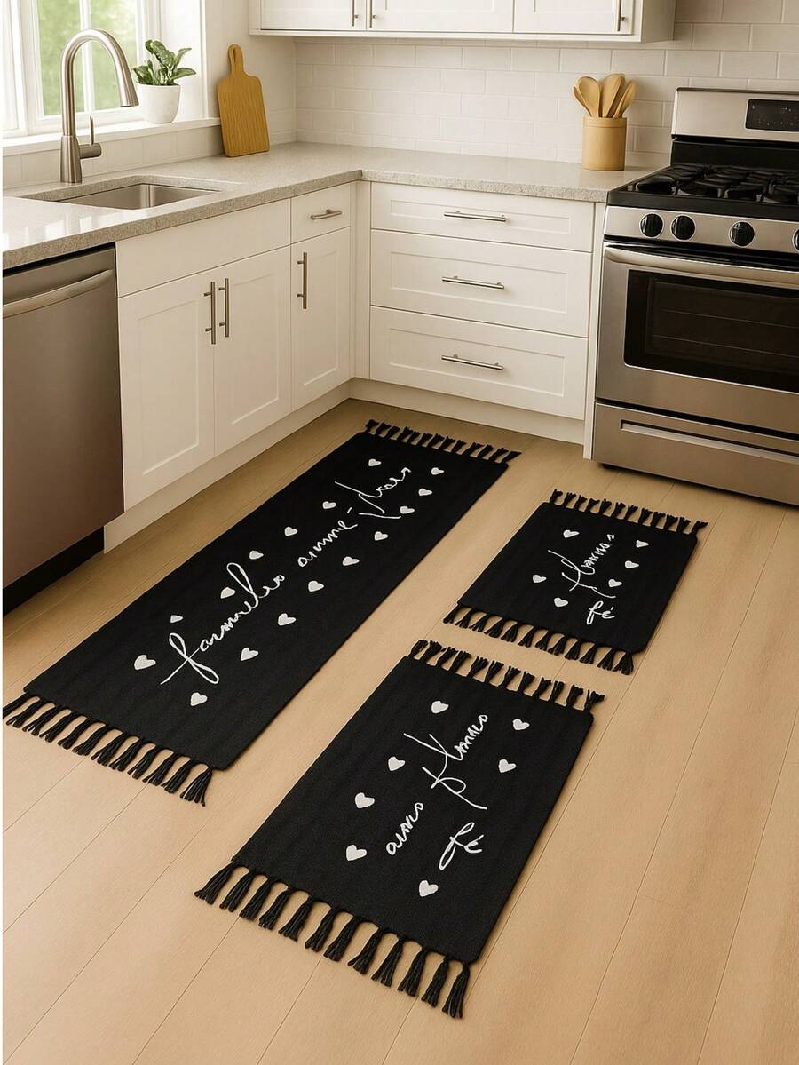 Kitchen Set Geometric Runner Rug Kit 3 Pieces Excellent Quality Thick Fabric Knot Weave - 黑色 - 查看 1