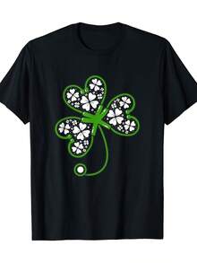 Men's St. Patrick's Day Lucky Four-Leaf Clover Stethoscope T-Shirt- Black T-Shirt With Green Four-Leaf Clover Logo, Irish Themed Clothing, Suitable For Doctors, Nurses, St St. Patrick's Day T-Shirt Lucky Grass Pattern Men's Top Lucky Grass Men's Sh - màu đen - Xem 6