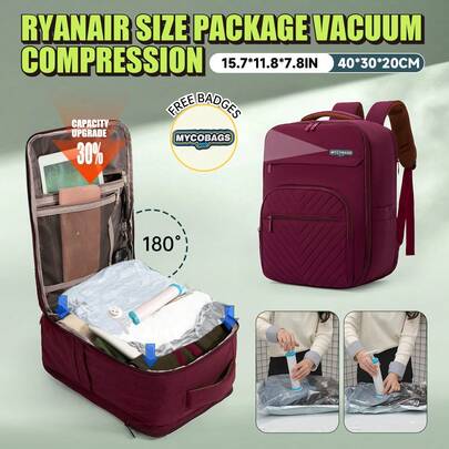 Myco 40x20x30厘米旅行背包/行李袋，瑞安航空认证包，可随身携带，可放置于座位下方及客舱内，配有手动气泵和透明真空压缩袋
