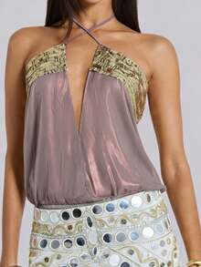 2026 Womens Festival Outfits Rave Crop Top Sequins Trim Cross Halter Tank Tops Tie Back Summer Going Out Party Club Tops - 金色 - 查看 4