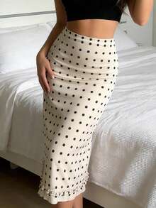 Womens Midi Skirts Casual Ruffled Trim Dot Print Mid Rise Skirt For Daily Life Club Party And More - 淺黃色 - 查看 6