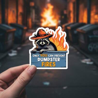 Pegatina de vinilo de 3 pulgadas con el texto "Only You Can Prevent Dumpster Fires" y un mapache. Texto de aliento, humor y motivación. Para empleados, gerentes y colegas. Decoración perfecta para el cubículo, regalo divertido para el trabajo o recordatorio motivacional. Vinilo resistente al agua y duradero que se puede usar en portátiles, botellas de agua, teléfonos móviles, maletas, ventanas de automóviles, etc. ¡También puedes pegarlos donde quieras! De vuelta a la escuela
