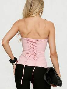 Womens Strapless Bustier Corset Top Y2k Lace Up Boned Overbust Corset Bodyshaper Tube Top Going Out Bustier - 粉色 - 查看 3