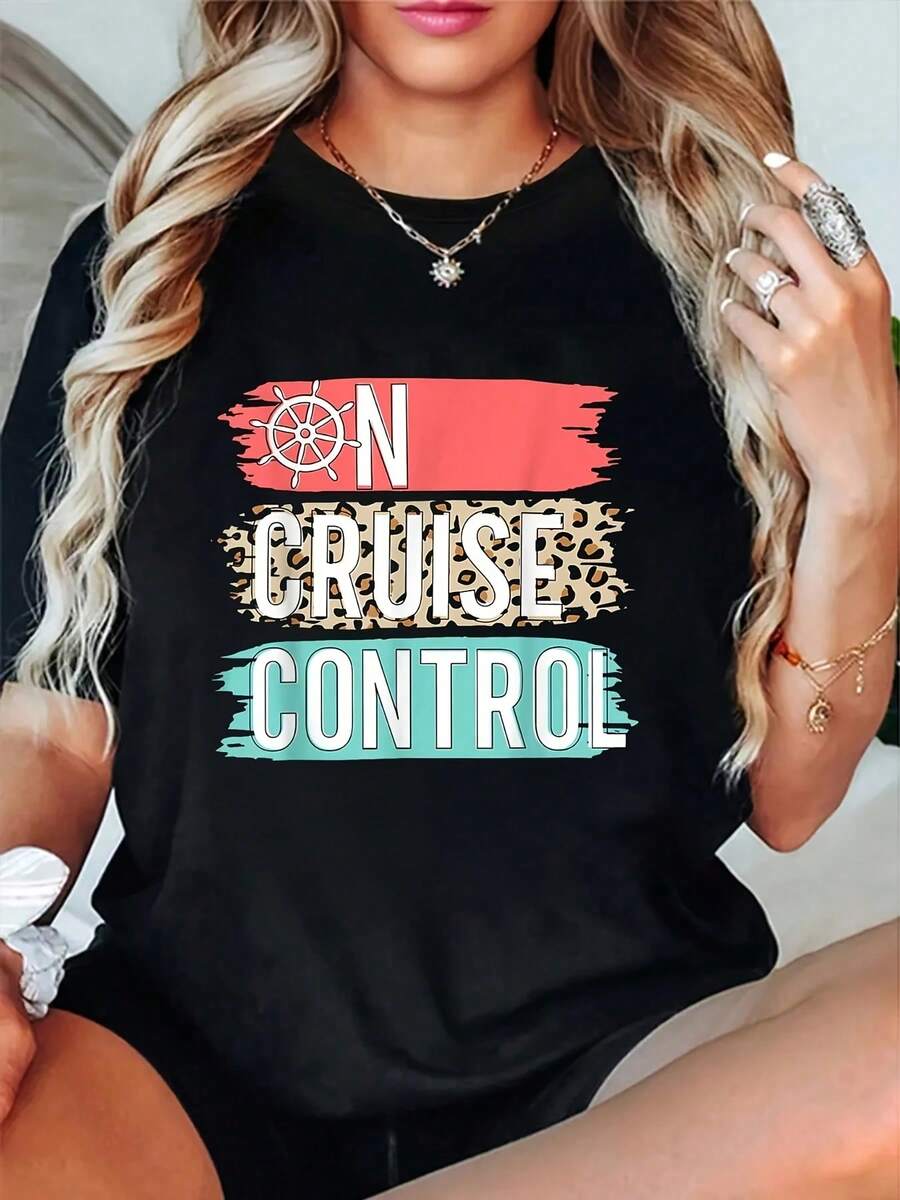 Control On Cruise Leopard Funny Summer Vacation Family Women-Shirt Summer Outfits Women Shirts Women Graphic Tees Women - 黑色 - 查看 1