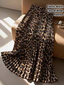 Falda plisada casual con estampado de leopardo todo sobre, falda plisada de línea A con cintura elástica para mujeres, primavera/verano - Caqui Negro - Ver 3