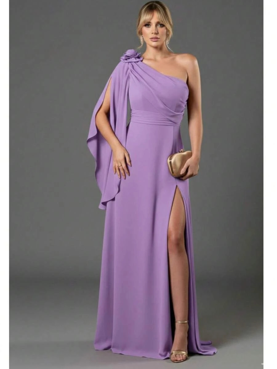 Bridesmaid Dress For Parties, Guests, Receptions, Graduations, Without Glitter, Cape Sleeves In Flowing Fabric With A Flower Brooch. - 紫丁香 - 查看 1