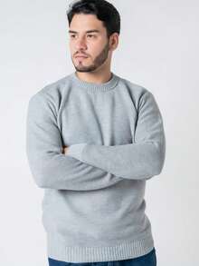 Men's Knitted Sweater, Single Color, Crew Neck, Casual Winter, Plain - 淺灰色 - 查看 3