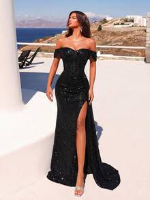ADYCE Sequin Heart Neckline Ruffle Waist Slit Backless Long Formal Dress, With Tie-Up Closure, Suitable For Banquet, Party, Prom, Graduation, New Year And Other Occasions Wedding Elegant Spring Black - Black - View 7