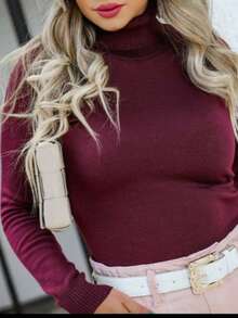 Women's High Neck Blouse With Elastane, Dress Sweater With Roll Neck, Polyester, Winter Nightwear - Màu Tím - Xem 1