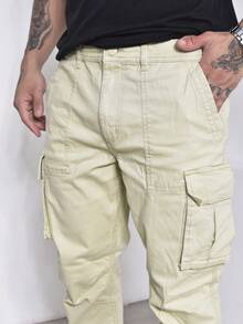 Calças Cargo Masculino Sarja Casuais com Multi-Bolsos Com Lycra - Amarelo mostarda - Visão 8
