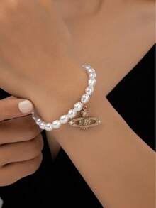 1pc Women's European & American Style Pearl Studded Planet Alloy Rivet Exaggerated Everyday Wear & Holiday Gift Elastic Bracelet - Gold - View 3