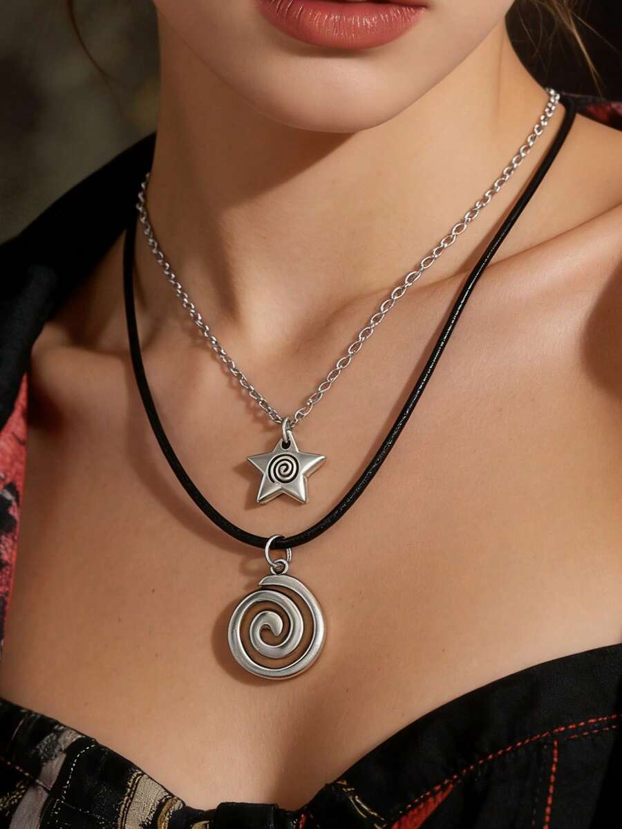 2 piezas Collar versátil y de moda con diseño de estrella en capas para mujeres - Plateado - Ver 1