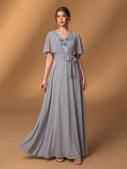 Faeriesty Elegante vestido de noche de gasa con escote en V, vestido de fiesta largo con aplicaciones de encaje floral, mangas con volantes y cinturón de lazo en la cintura