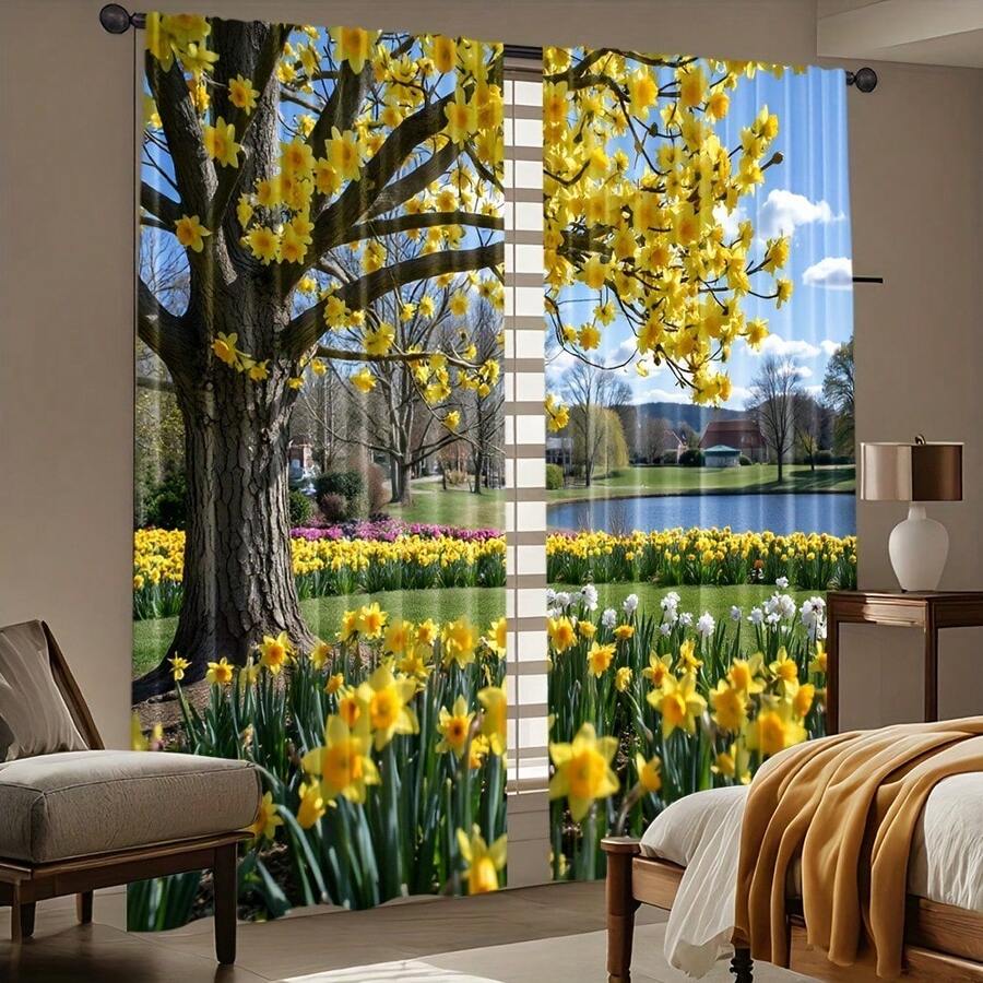 Spring Floral Landscape Curtains Vibrant Yellow Daffodils & Blooming Trees Design Light Filtering Rod Pocket Style For Bedroom & Living Spaces Decorative Window  Room Accent 2PC 2D Flat Window Curtains&Drapes 42*84in/52*84in Rod Pocket Design Rod Not Included Bright Daffodil Pattern Adds Cheerful Spring Vibe To Any Room - 2PC - 查看 1