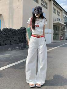 Women's Washed Wide Leg Jeans, Loose Casual Fashion Versatile Pants - White - View 5