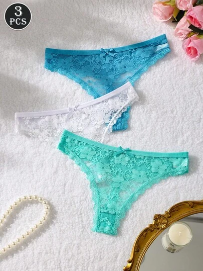 3条/包 纯色蝴蝶结蕾丝拼接女士丁字裤，柔软舒适弹力性感内衣
