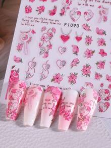 2PCS Red Pink Heart Flowers Nail Stickers Elegant Heart-Shaped Vines Decals Valentines's Day Nail Art Designs Self Adhesive 3D Manicure Accessories Nail Art Decoration For Women Girl - 玫紅色 - 查看 6