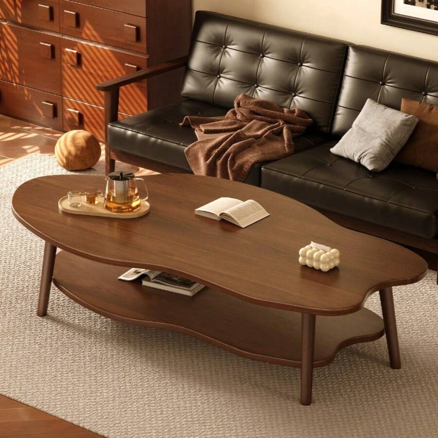 2 Layer Coffee Table Cloud Tea Table Modern Living Room Desk Shelf 80cm Cloud-Sh - Coffee Brown - View 1