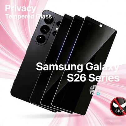 Set de 3 protectores de pantalla de vidrio templado con borde negro de la serie S26, a prueba de espías, resistente a golpes, compatible con desbloqueo de huella digital, vidrio de privacidad de pantalla completa, vidrio templado anti-espionaje