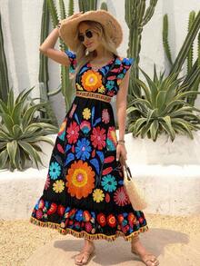 New Autumn Lightweight V-Neck All-Over Cute Leaf & Floral Print Bohemian Casual Pleated Ruffle Hem Waist Splice Maxi Dress, Suitable For Music Festivals, Women's Holidays, Country Music Concerts, Graduation, Parties, Back To School, Teacher's Day, Halloween, Christmas - 黑色 2 - 查看 5