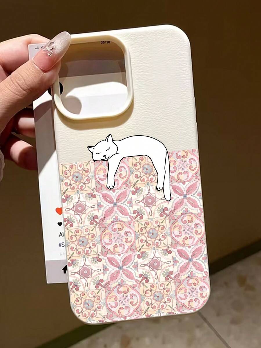 Patterned Cat Illustration Art Phone Case, Cream White Faux Leather Texture Hard Shell Material, High-Precision Hand-Drawn Style Printing Process, Delicate Leather Embossed Texture, Warm And Skin-Friendly Touch, Full Of Life And Healing Feeling; Lens Module Area Equipped With Thickened Silicone Protection Ring, Precisely Fitting Camera Protrusion, Providing Full Lens Protection; Outer Shell Edge With Soft Cushioning Wrap, Combining Anti-Drop Performance And Comfortable Grip; - Multicolor - View 1