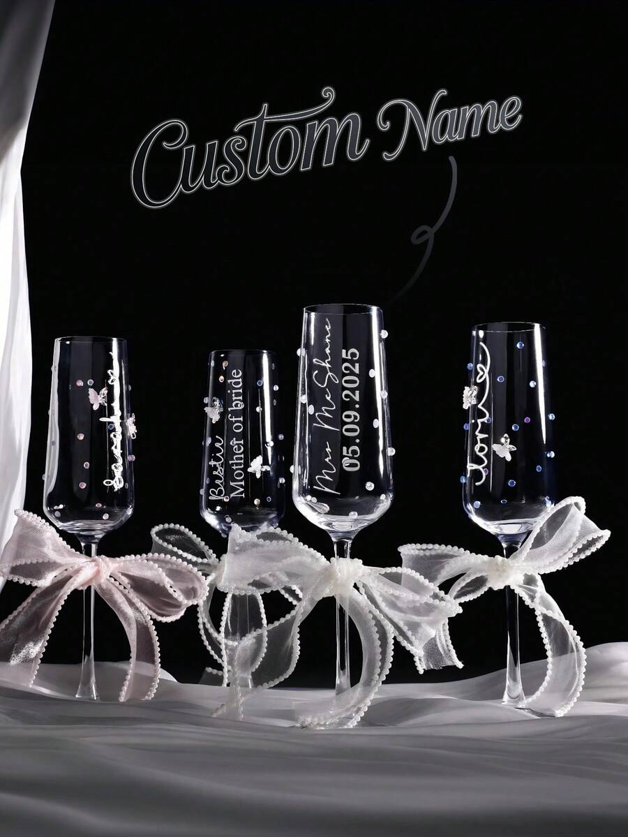 1pc Personalized Champagne Flute, Reusable & Washable Customized Champagne Glass With Bow Decor, Suitable For Bride And Bridesmaids, Wedding Party, Bridal Shower, Bachelor Party, Birthday Party ,Forever Love - Nhiều màu - Xem 1