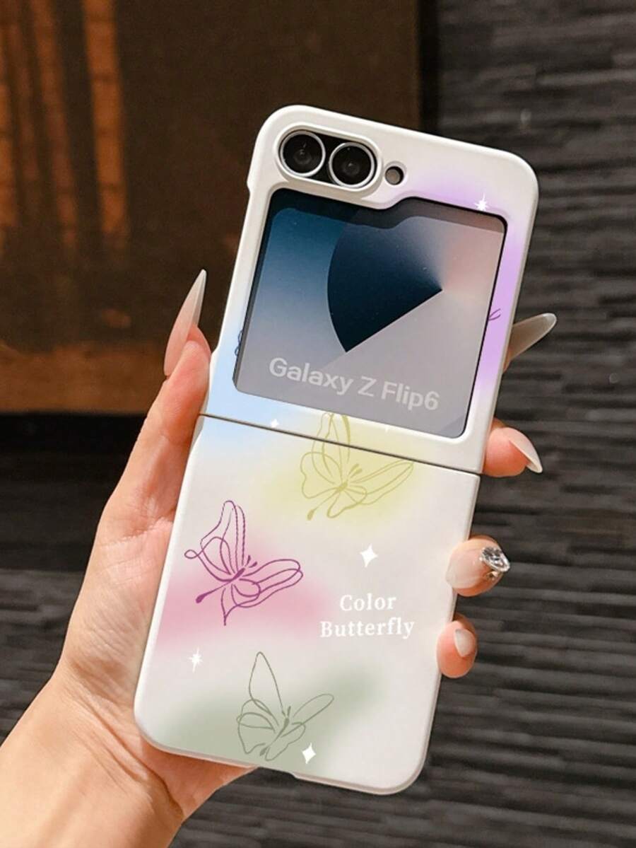 1pc Fashionable And Simple Skin Feel PC Material Cute And Dyed Butterfly Element Folding Phone Case, Can Protect And Prevent Falling: Compatible With SamsungGalaxy Zflip 3/Zflip 4/Zflip 5/Zflip 6/Zflip 7/ Razr 50 Ultra/ Razr 60 Ultra/ Razr 60/ Rolla Razr 50/Galaxy Z Flip7 FE - White - View 1