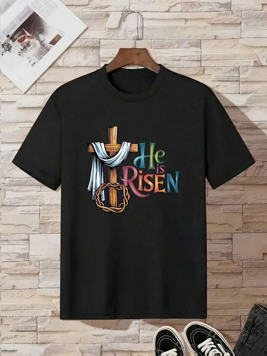 Camiseta infantil de Pascua, "Él resucitó" con diseño de cruz y clavos - cuello redondo, camisa casual, ideal para uso en iglesias, fiestas de Pascua o ocasiones cotidianas ,Camisetas para niños y niñas,Divertido exquisito diseño estampado top para niños y niñas, cómodo, ligero, transpirable, transpirable, adecuado para actividades al aire libre - regalo perfecto,Streetwear de moda, camiseta de manga corta de cuello redondo de 170g, apta para niños y adolescentes de 4 a 16 años. Camiseta de algodón 100% puro de alta calidad, lavable a máquina - Negro - Ver 1