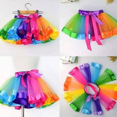 Saia Tule Arco-Íris Adulto e Infantil - Tule Colorido 40cm para Festas e Carnaval (Cintura Elástica)