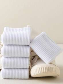 5双装纯棉儿童/青少年学生袜，日常休闲袜，足球运动中筒袜 - 白色 - 查看 5