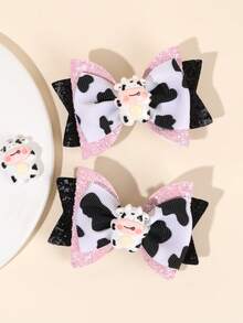 2 cái/gói Dễ thương Đen & Trắng In hoa bò Nơ Kẹp tóc Trẻ em Phụ kiện tóc - Nhiều màu - Xem 4