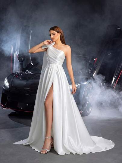 Faeriesty Elegant One-Shoulder White Satin Evening Dress With 3D Floral Decor And High Thigh Slit, Suitable For Parties, Wedding Guests, Galas