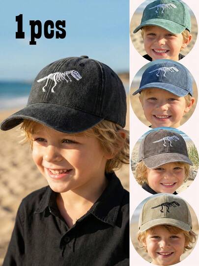 1pc Toddler/Little Boys' Distressed Washed Children's Baseball Cap With Embroidered Dinosaur Design, Bone Shaped Brim, Suitable For All Seasons