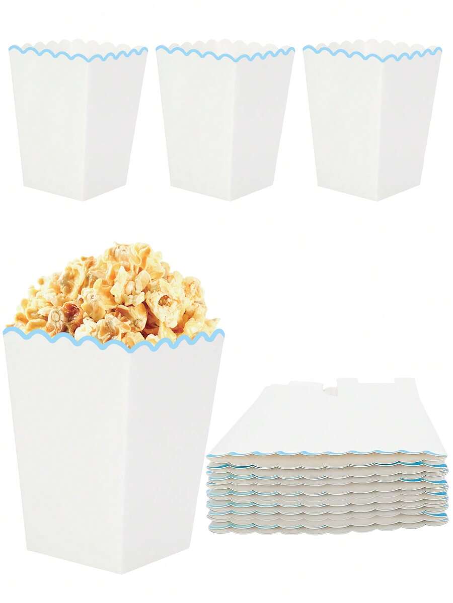 10pcs/30pcs/50pcs Light Blue Popcorn Boxes, Small Light Blue & White Wavy Edge Paper Popcorn Bags Candy Containers, Suitable For Birthday Party, Wedding, Baby Shower, Movie Night Party Favors - Blue Lace - View 1