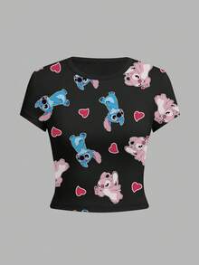 Disney 4件套印花图案时尚女式收腰圆领短袖T恤，春秋季组合装 - 彩色 - 查看 2