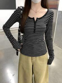 Contrast Striped Button Collar Slim Fit Versatile Long Sleeve T-Shirt Top For Women Casual - Grey Stripes - View 4