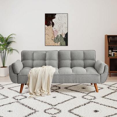 75.3"Modern Tufted Convertible Loveseat Sofa,Linen Upholstered Sofa Bed With Adjustable Backrest And Solid Wooden Legs, 2 Seater Sofa Couch For Living Room And Small Places,Light Grey
