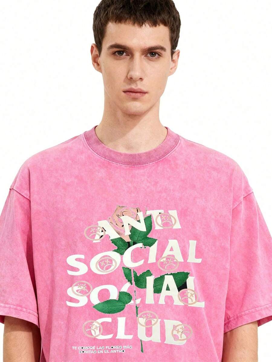 1pc Retro Water Washed T Shirts, Artistic Graphic Featuring A Blooming Rose Intertwined With Bold Anti Social Club Text Symbolizing Contrast Between Beauty And Isolation Vintage 100% 230g Pure Cotton Casual Tee For Men,Street Y2K, Summer Tops, New Year Gifts,Unisex - Hot Pink - View 1