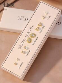 Hihho 10件/套 新款时尚经典闪亮立方氧化锆耳钉套装，心形、花朵、向日葵、几何图案设计，优雅白色礼盒 - 耳環套裝 - 查看 7