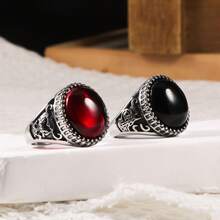 خاتم فضي عتيق من الفولاذ المقاوم للصدأ بحجر أحمر أحادي اللون قطعة واحدة ، ذو نقش زهري مرصع ، أسلوب كلاسيكي رجالي عتيق - SA716 - مشاهدة 1