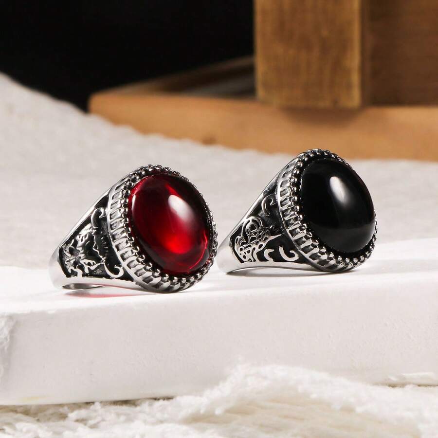 خاتم فضي عتيق من الفولاذ المقاوم للصدأ بحجر أحمر أحادي اللون قطعة واحدة ، ذو نقش زهري مرصع ، أسلوب كلاسيكي رجالي عتيق - SA716 - مشاهدة 1