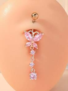 1枚锆石蝴蝶肚脐环 - 粉色 - 查看 1