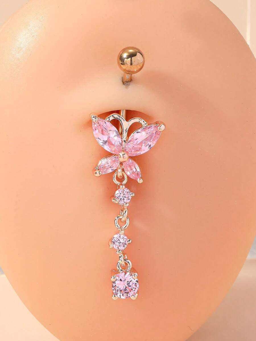1枚锆石蝴蝶肚脐环 - 粉色 - 查看 1