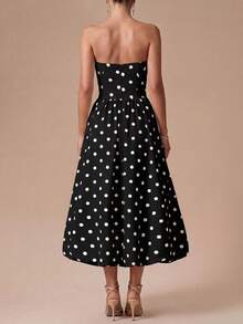 Elegante vestido midi de lunares retro sin tirantes con bajo abullonado - Adecuado para invitados de boda, fiestas, playa, vacaciones de verano, salidas y ceremonias de graduación Blanco - Negro - Ver 7