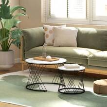 Set Of 2 Stackable Round Coffee Tables, Marble Look, Made Of Chipboard And Metal, White, Ideal For The Living Room. - White - View 5