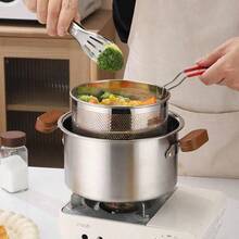 Juego de freidora multiusos de gran capacidad de acero inoxidable 304, con cesta y mango, apto para tempura, pinchos, patatas fritas, pollo frito, hervir leche, fideos, compatible con placa de inducción, herramienta esencial de cocina - Plateado - Ver 3