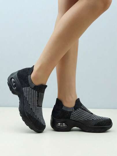 Women's Grey Casual Cushioned Sneakers, Slip-On Knit Sock Shoes, Comfortable Dancewear