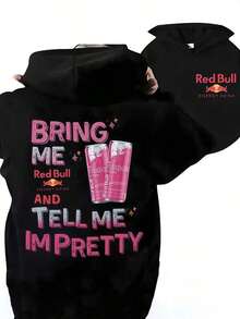Double Sided Printing "RedBull Pink Slogan Hooded Sweatshirt Fun Copy Contrasting Print Loose Casual Top"Y2Y-W-Maija - 黑色 - 查看 1