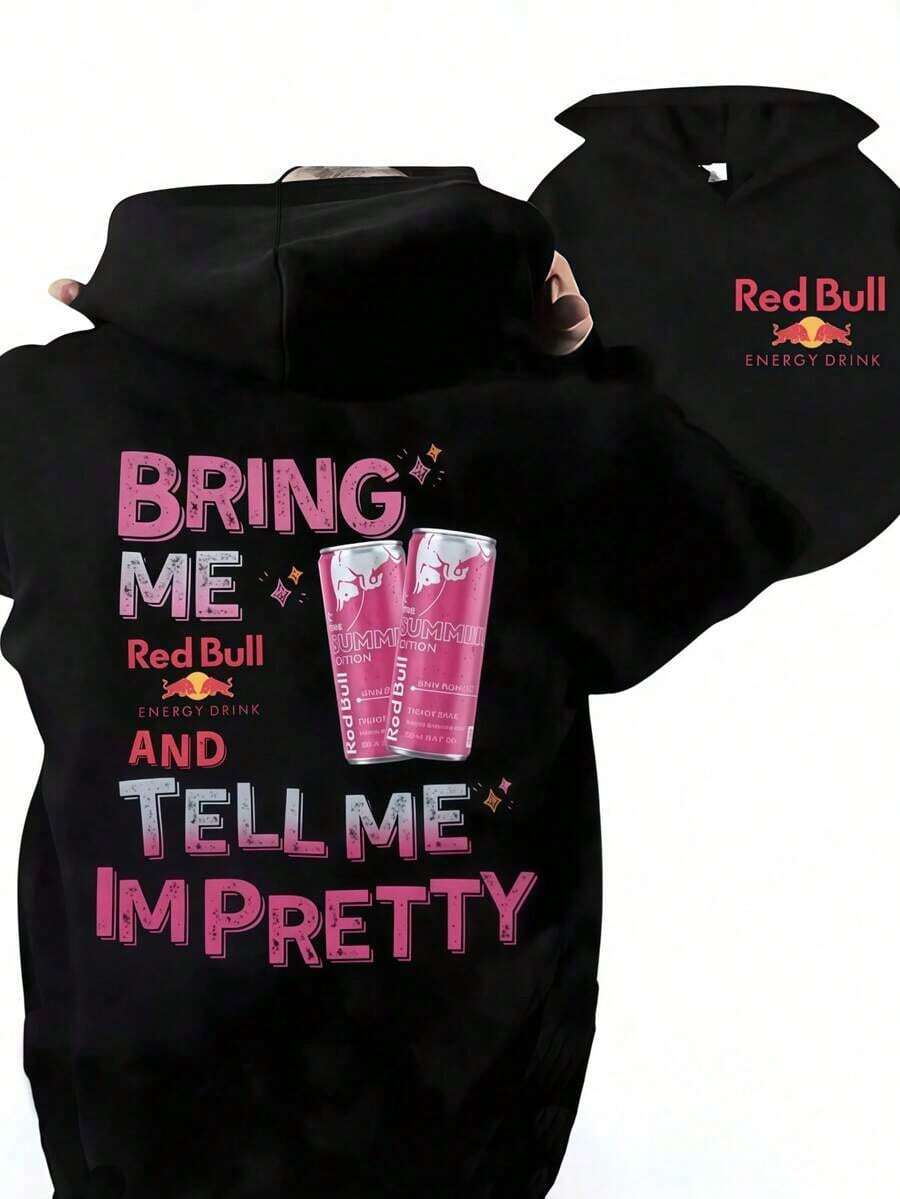 Double Sided Printing "RedBull Pink Slogan Hooded Sweatshirt Fun Copy Contrasting Print Loose Casual Top"Y2Y-W-Maija - 黑色 - 查看 1